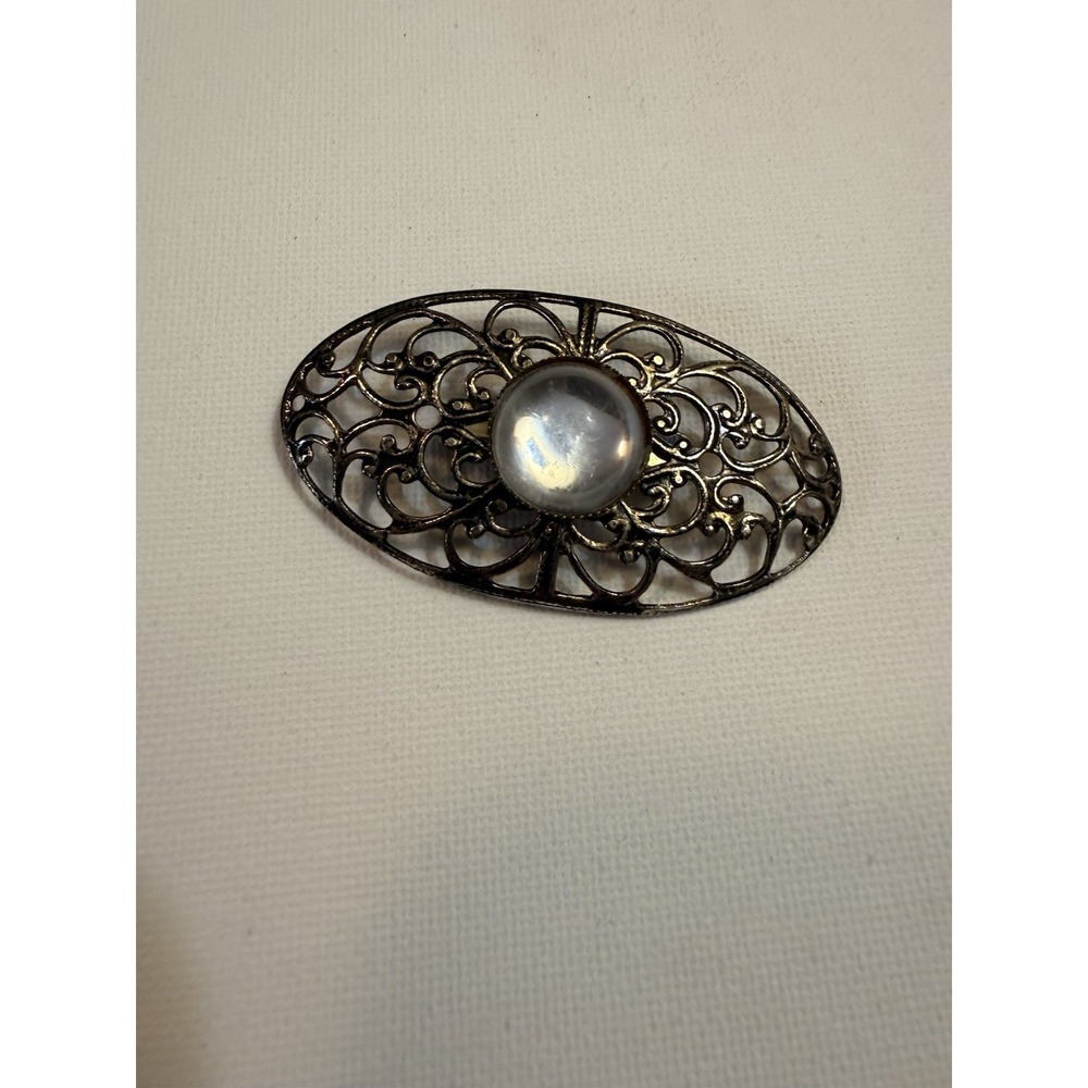 Vintage Filigree Oval Brooch Pin Faux Pearl Silver Tone Floral Scroll Jewelry